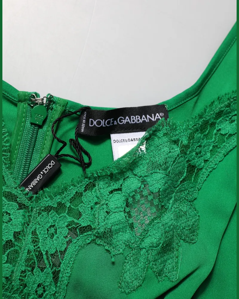 Dolce & Gabbana Floral Lace-Trimmed Silk Tank Top — Green Green