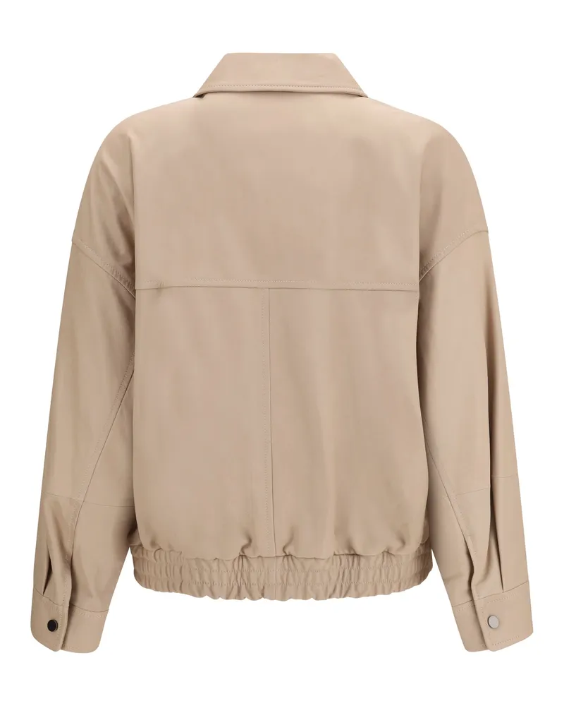 Brunello Cucinelli Women's Glossy Nappa Jacket With Monili Whipe Leather Beige