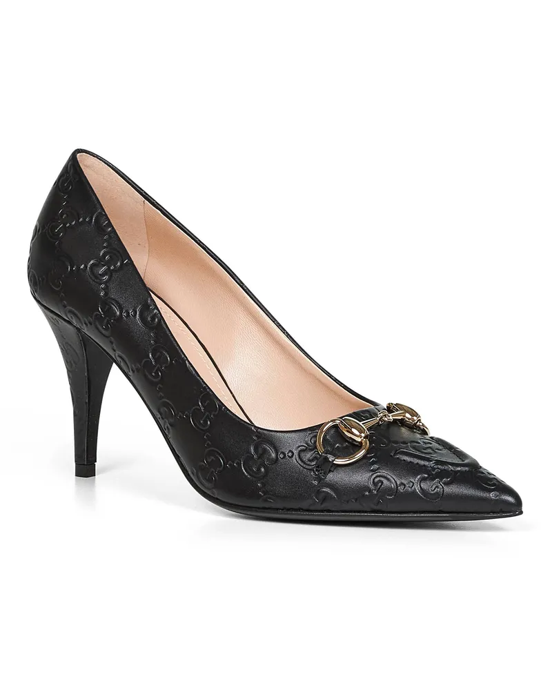 Gucci Women's Black Leather Pumps With Horsebit Detail Calf High Heel Shoes Black