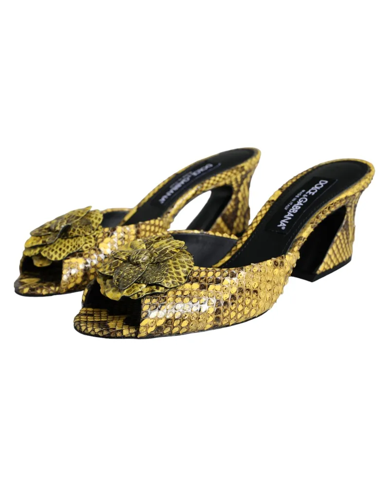 Dolce & Gabbana Women's Yellow Leather Block Heels Slides Shoes Python Yellow