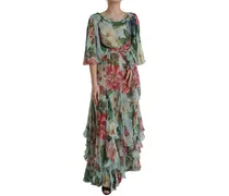 Women's Blue Floral Print Tiered Long Maxi Dress Silk