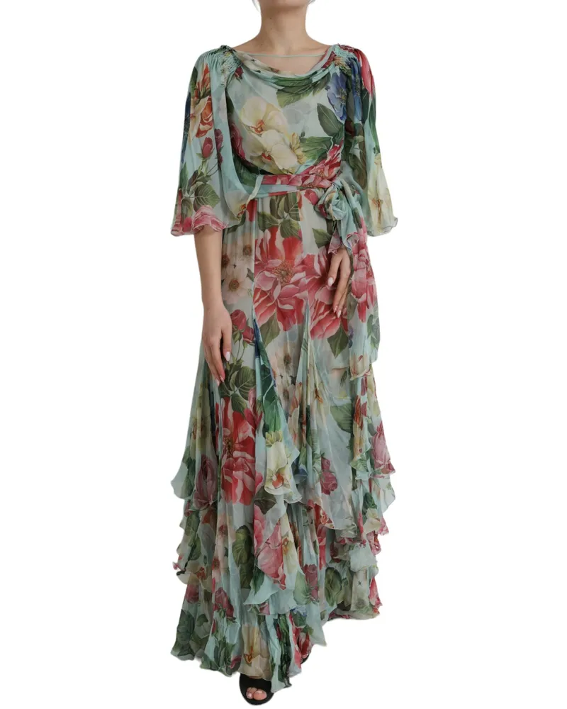 Dolce & Gabbana Women's Blue Floral Print Tiered Long Maxi Dress Silk Blue