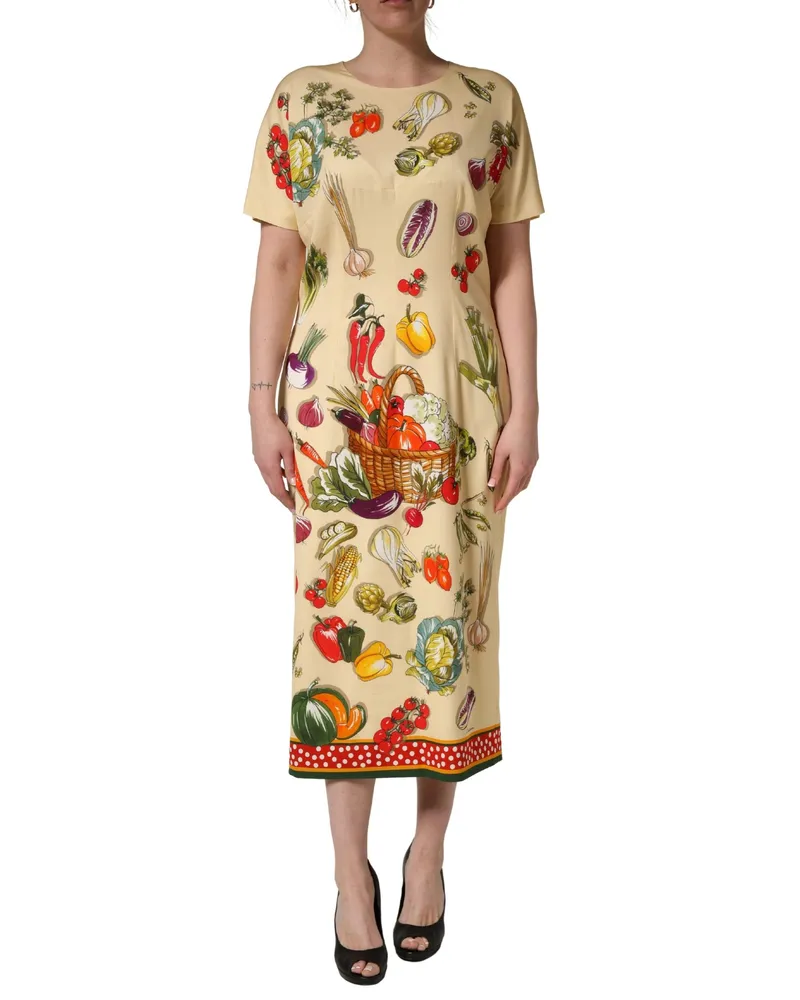 Dolce & Gabbana Women's Beige Fruit Polkadot Sheath Silk Midi Dress Elastane Beige