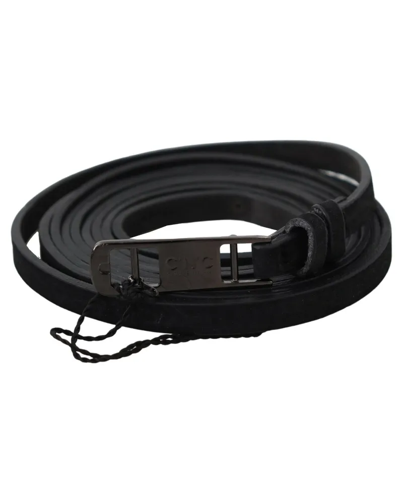CoSTUME NATIONAL Women's Black Leather Skinny Logo Buckle Belt Black
