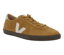 Suede Low-Top with Logo Patch Sneakers — Beige