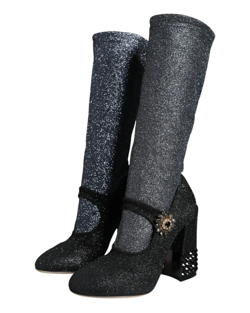 Dolce & Gabbana Women's Black Crystal Mary Janes Booties Shoes And Gray Nylon Spandex (stretch Black
