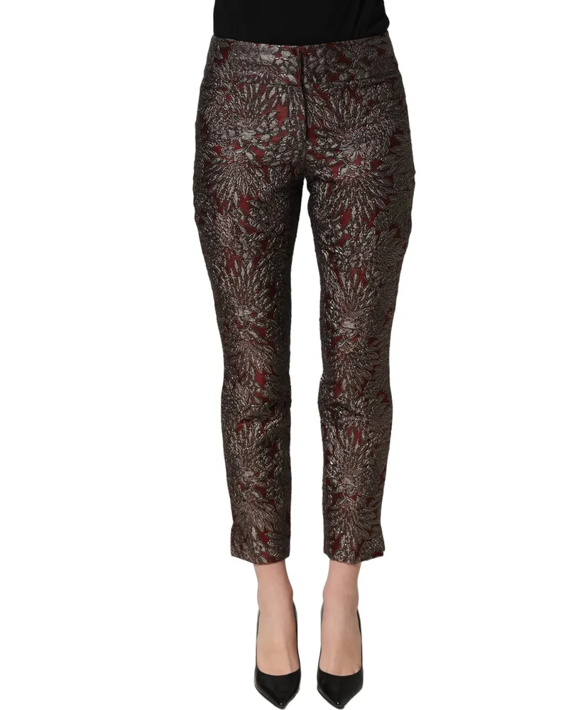 Dolce & Gabbana Women's Burgundy Grey Floral Jacquard Straight Pants Acetate Polyester Silk Nylon Burgundy