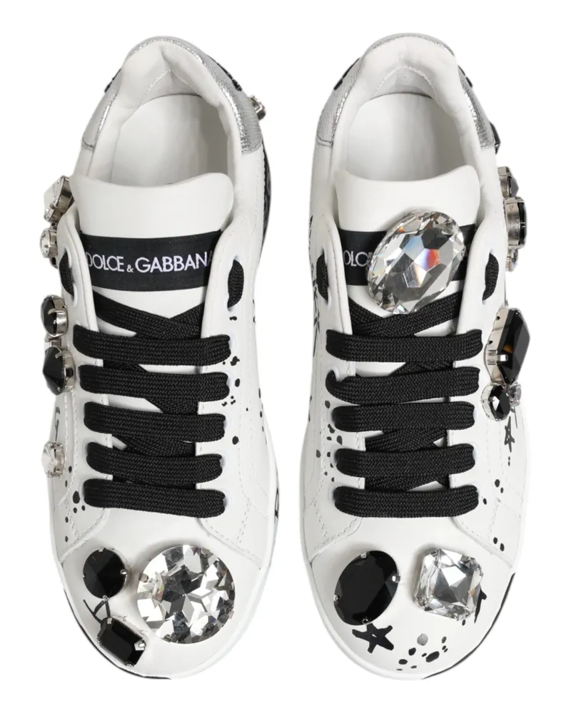 Dolce & Gabbana Women's White Portofino Crystal Sneakers Shoes Leather White