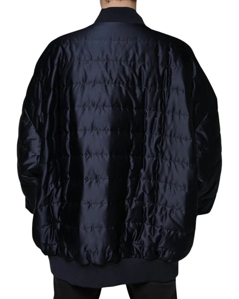 Dolce & Gabbana Men's Dark Blue Quilted Full Zip Bomber Jacket Navy Nylon Lambskin Clothing Navy