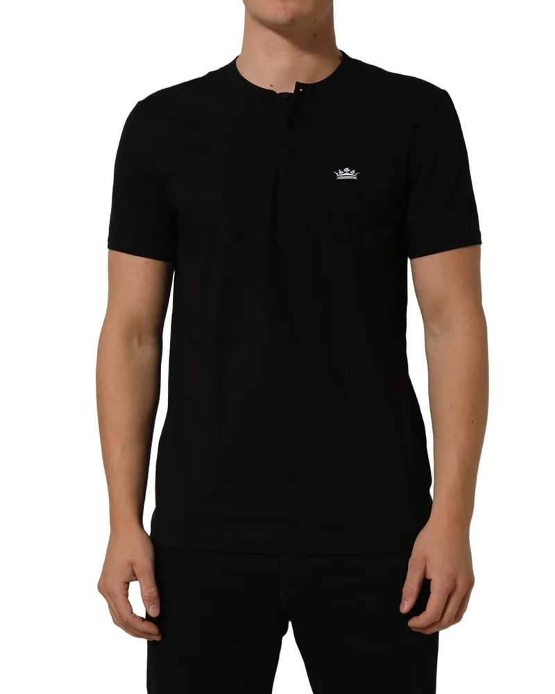Dolce & Gabbana Black Crown Short Sleeved Henley Men T-Shirt Cotton Elastane Black