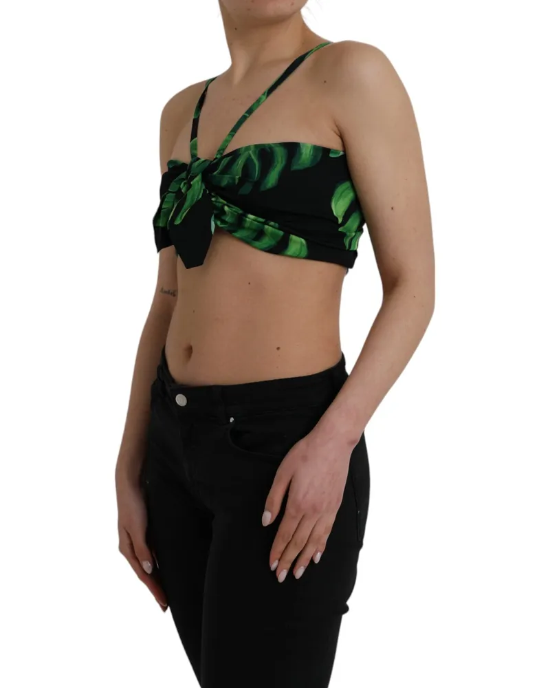 Dolce & Gabbana Women's Black Green Leaf Silk Halter Cropped Top Elastane Black