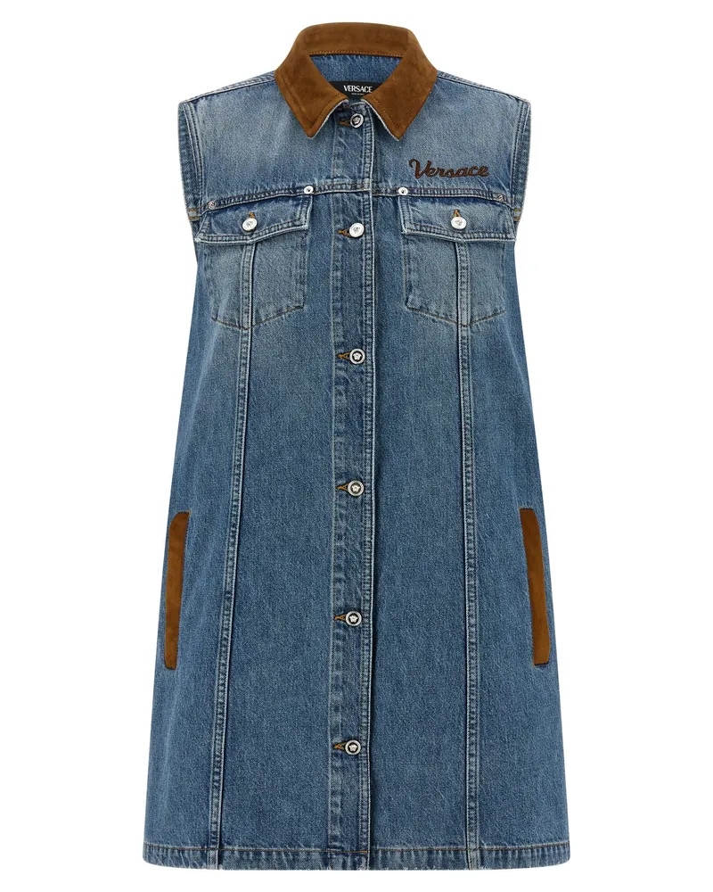 Versace Suede-Trimmed Denim Dress — Blue Blue