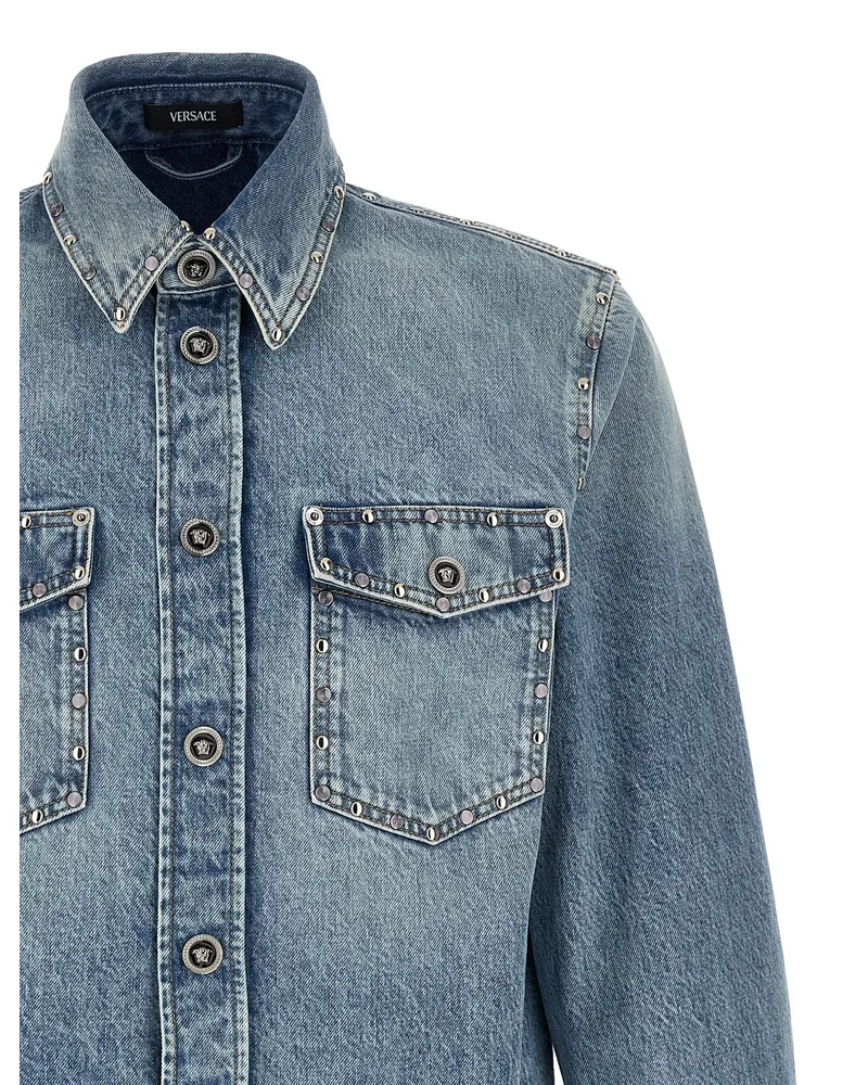 Versace Stonewashed Denim with Metal Studs Shirt — Blue Blue