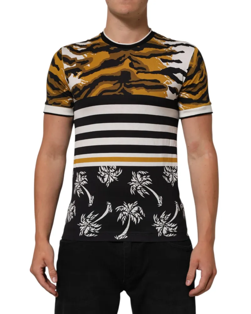 Dolce & Gabbana Multicolor Leopard Palm Leaf Men Crew Neck T-Shirt Cotton Multicolor