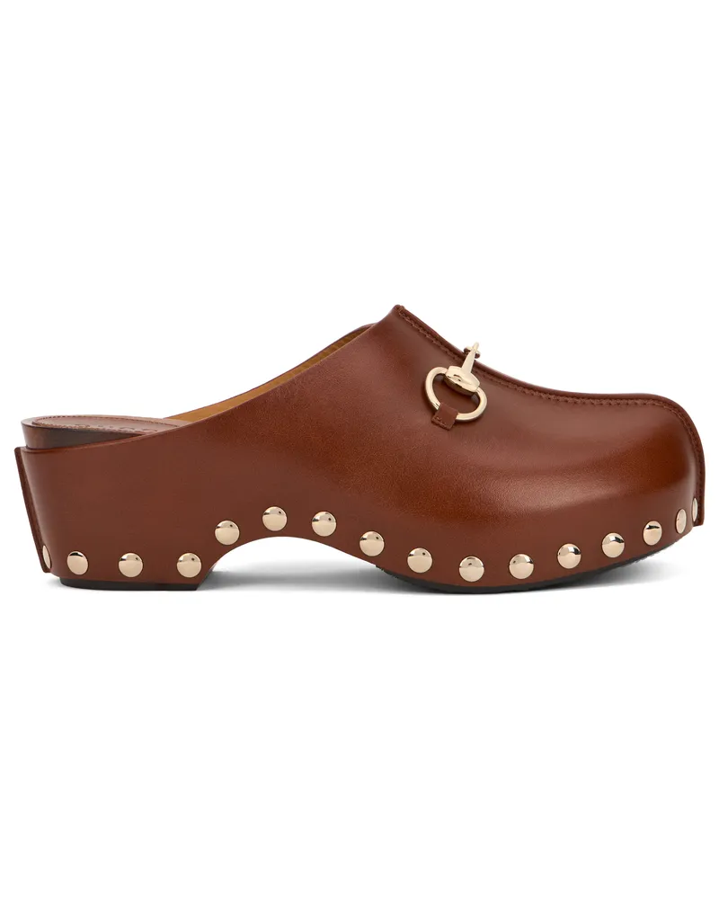 Gucci Women's Clogs Cognac Leather Calf Skin Mules Sandal Brown