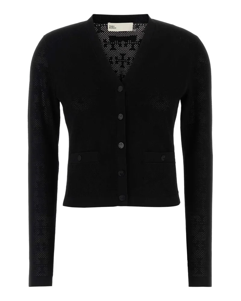 Tory Burch Viscose-Blend Pointelle Knit Cardigan — Black Black