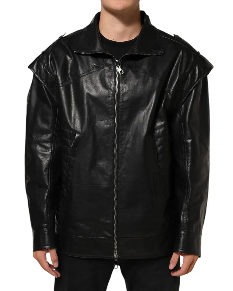 Dolce & Gabbana Men's Black Leather Full Zip Biker Blouson Jacket Taurus Clothing Black