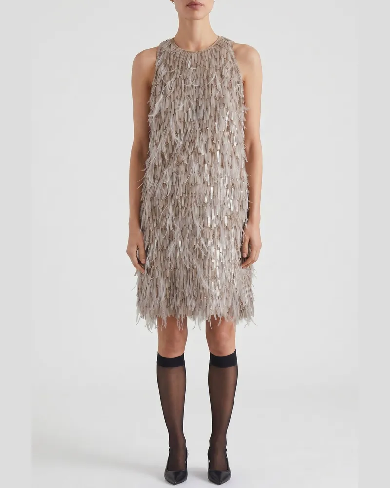Brunello Cucinelli Fringed Textured Shift Dress — Beige Beige