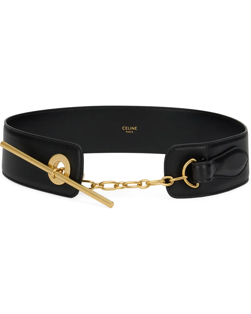 Celine Women Leather Belt With Golden Buckle Black Calf Black