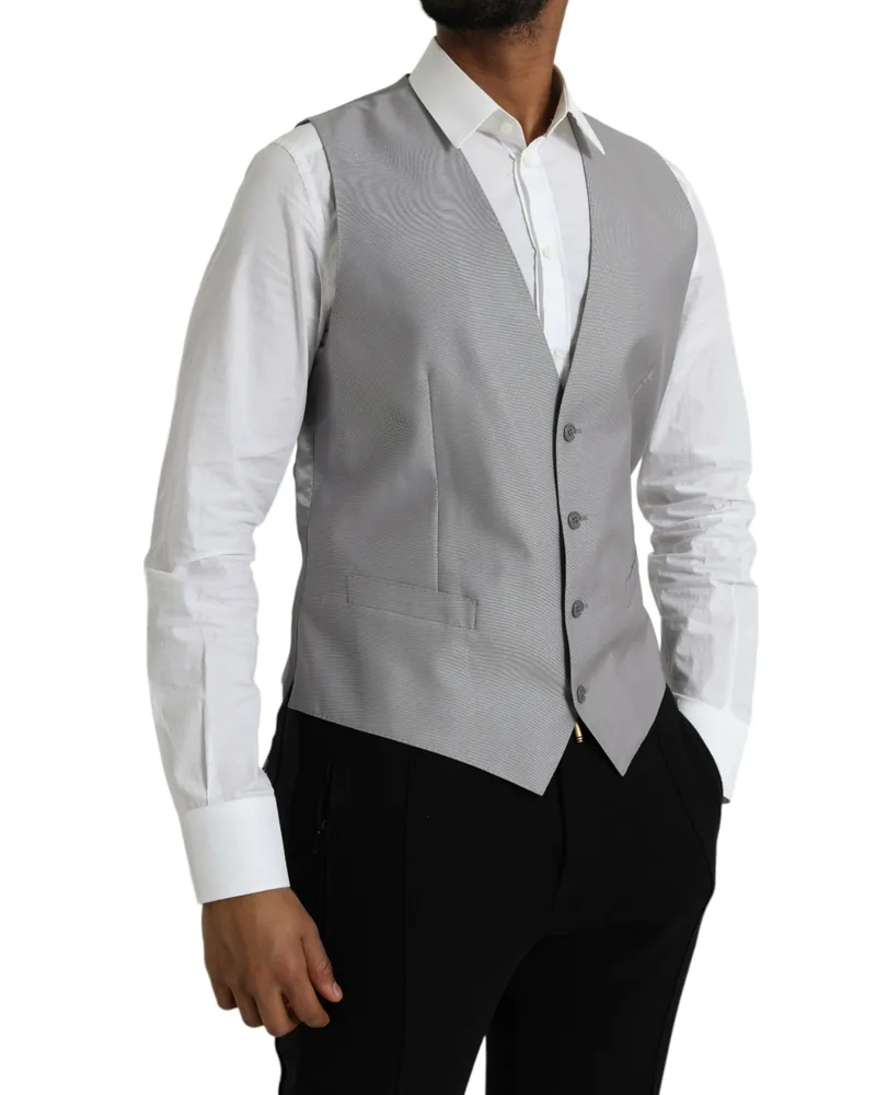 Dolce & Gabbana Men's Light Gray Wool Formal Dress Waistcoat Vest Virgin Silk Gray