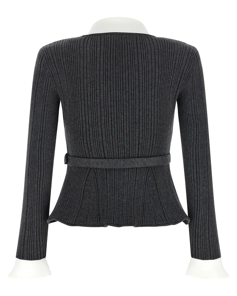 Self-Portrait Ribbed with Contrast Cuffs Cardigan — Charcoal Charcoal