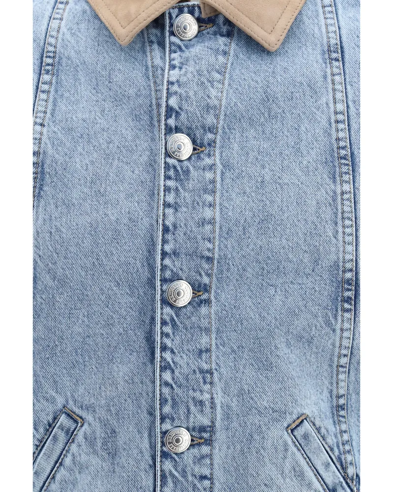 Brunello Cucinelli Men's Denim Jacket With Suede Collar, Light Cotton Blue