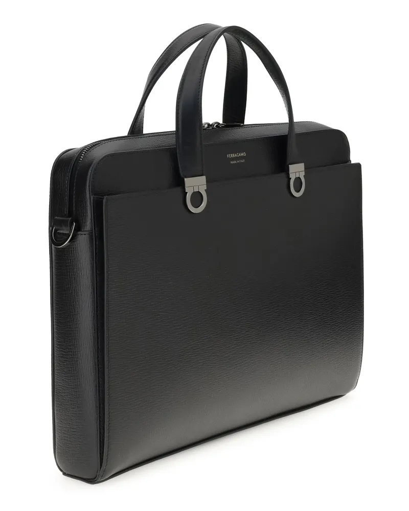 Ferragamo Men's Gancini Business Handbag Black Calf Leather Bos Taurus Briefcases Black