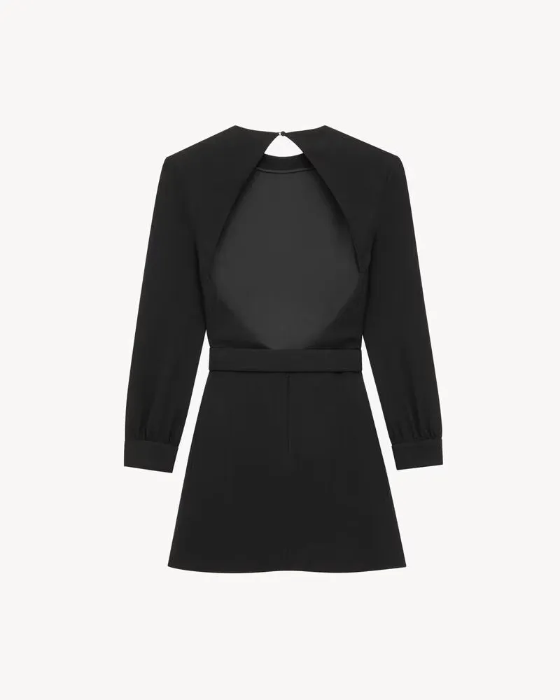 Saint Laurent Belted Long-Sleeve Dress — Black Black