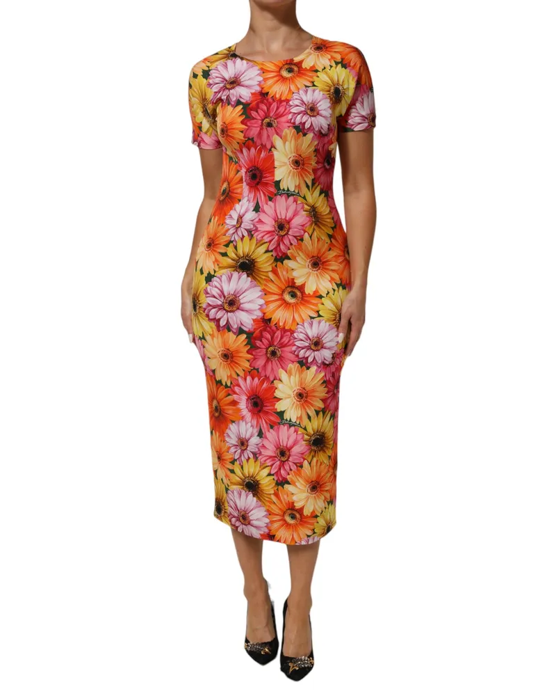 Dolce & Gabbana Women's Multicolor Floral Print Silksheath Midi Dress 11+se Multicolor