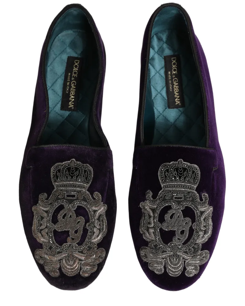 Dolce & Gabbana Men's Purple Velvet Crown Embroidery Loafers Shoes Leather Purple