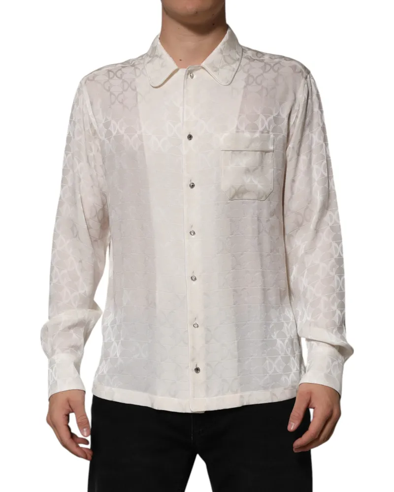Dolce & Gabbana Men's White Silk Dg Logo Print Long Sleeves Shirt White