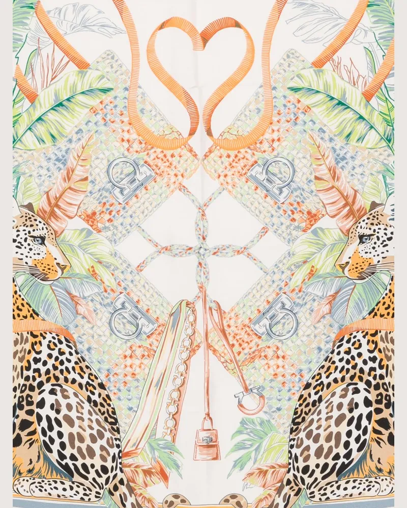 Ferragamo Leopard and Tropical Leaf Print Silk Scarf — Ivory Cream