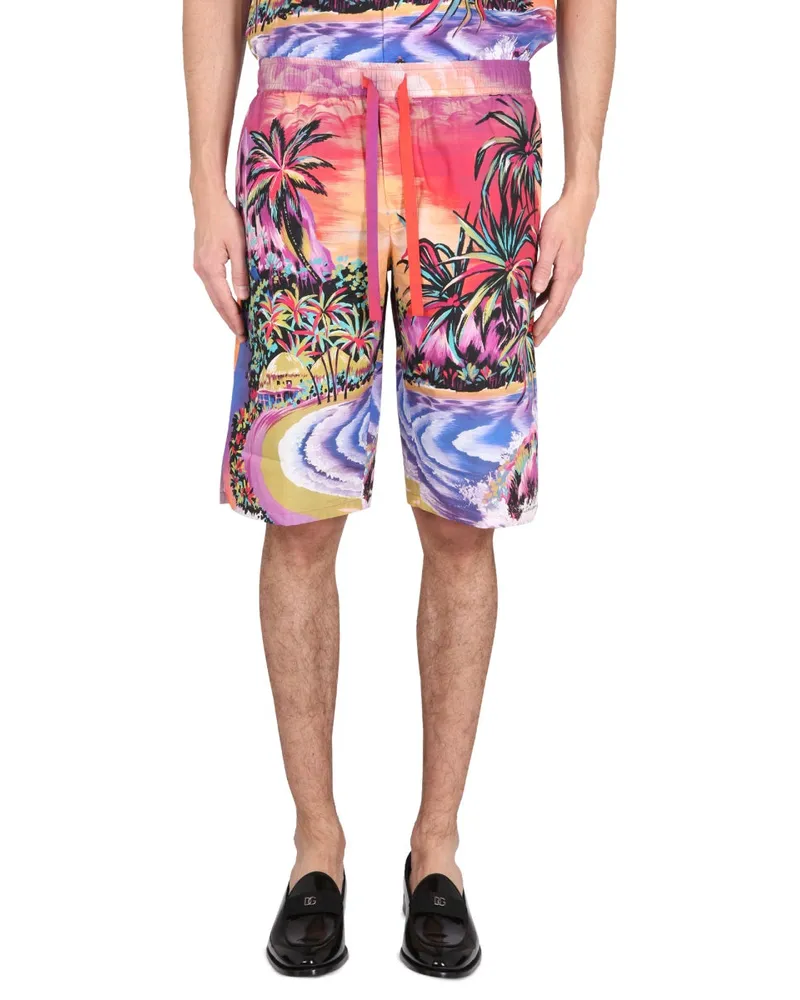 Dolce & Gabbana Hawaii Print Cotton Bermuda Shorts — Multicolor Multicolor