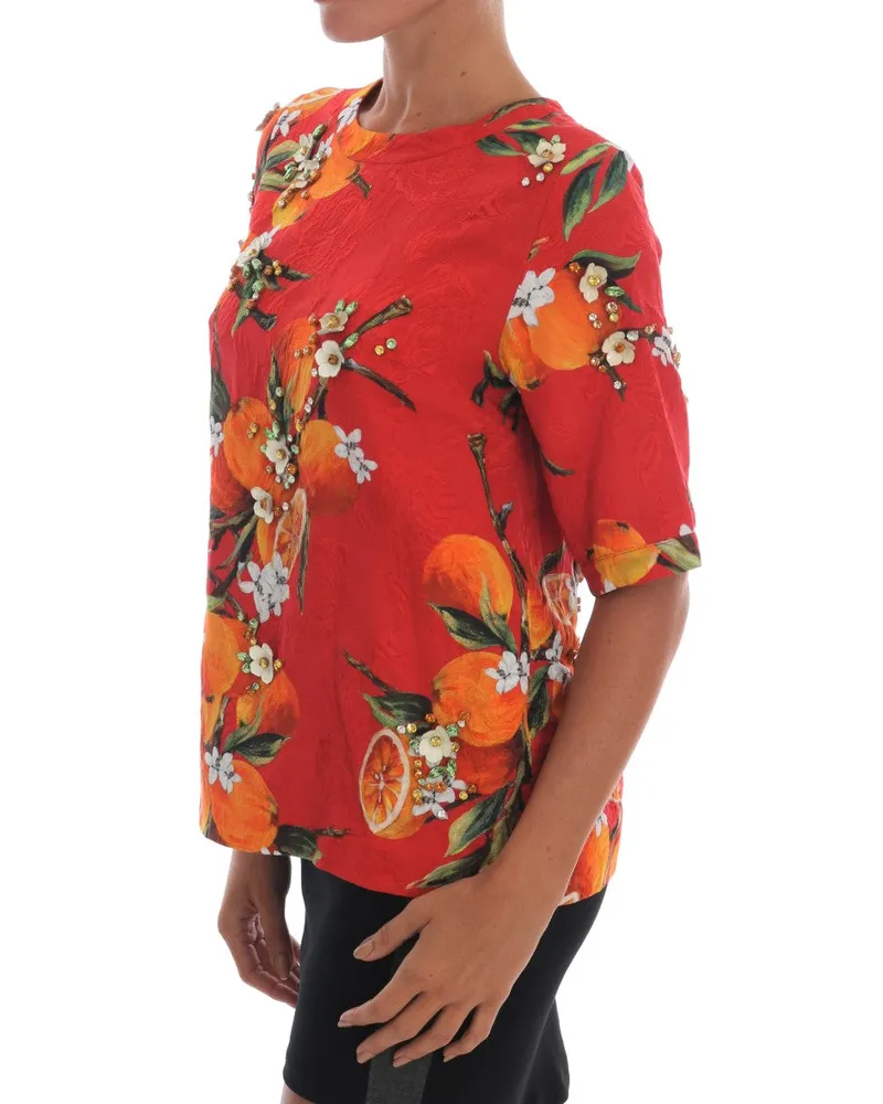Dolce & Gabbana Women's Orange Print Crystal-Embellished Blouse Cotton Red