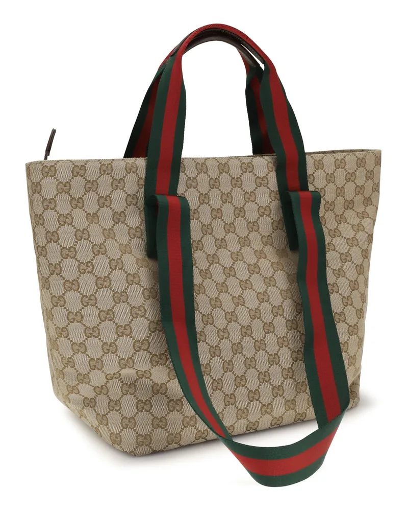 Gucci Men's Small Gg Motif Tote Bag Vint.sand-Dk.bro-Vrv Polyester; Cotton; Polyamide Shoulder Vint.sand/dk.bro/vrv Beige