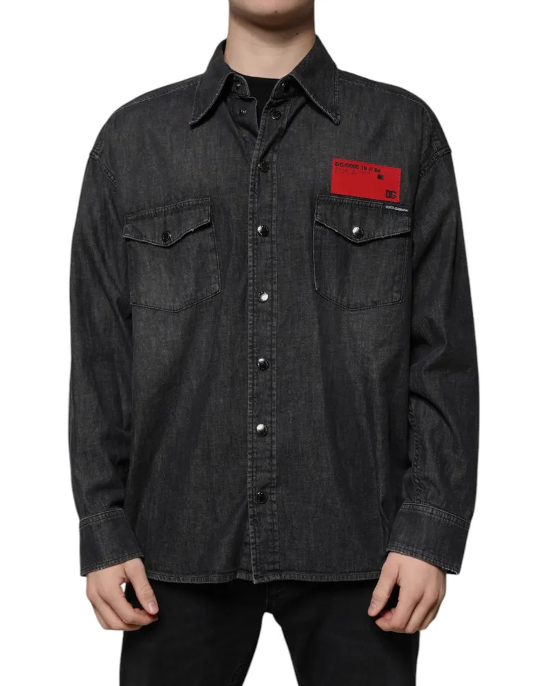 Dolce & Gabbana Men's Black Logo Cotton Button Down Denim Shirt Black