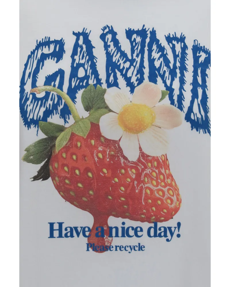 Ganni Women's Long-Sleeve Cotton T-Shirt Strawberry Print Bright White T-Shirts & Jerseys White