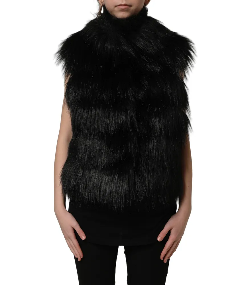 Dolce & Gabbana Women Black Acrylic Faux Fur Sleeveless Vest Jacket Modacrylic Polyester Clothing Black