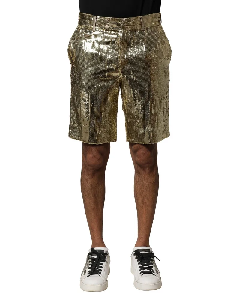 Dolce & Gabbana Men's Gold Sequin Polyester Embellished Bermuda Shorts Gold