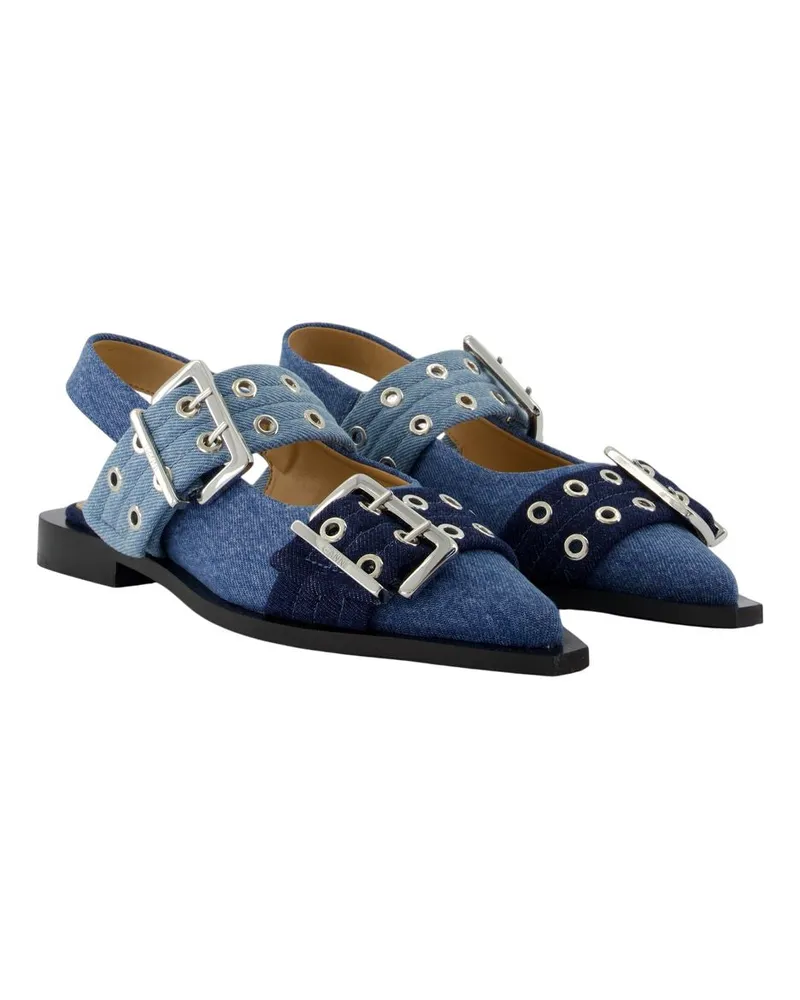 Ganni Women's Feminine Buckle Ballerinas -  Cotton Blue Shoes Flat-Shoes Blue
