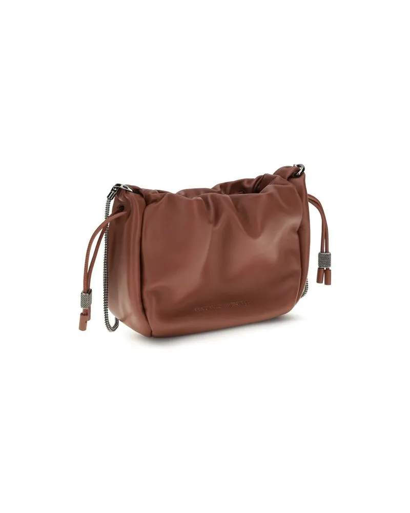 Brunello Cucinelli Women's Brown Calf Leather Bos Taurus Shoulder Bag Brown