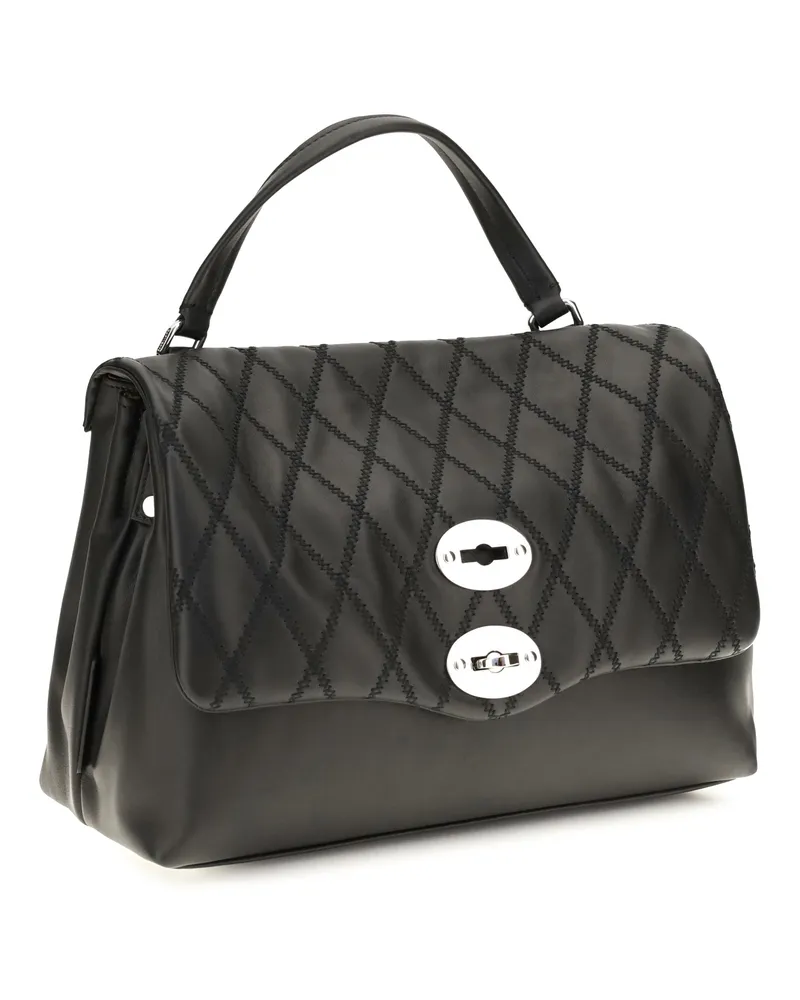 Zanellato Women's Postina Tramè Leather Top Handle Bag Black Riso Venere Calf Bos Taurus Shoulder Hand Black