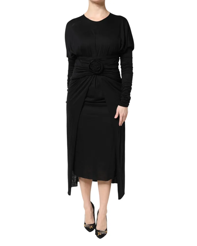 Dolce & Gabbana Women's Black Wool Long Sleeves Sheath Midi Dress Black