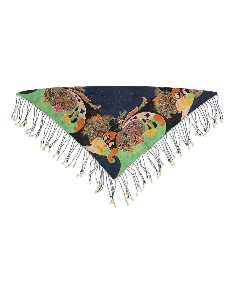 Etro Beaded Silk Twill with Fringes Scarf — Navy Navy