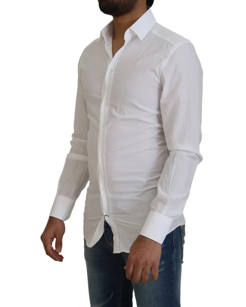 Dolce & Gabbana Men's White Cotton Slim Fit Formal Dress Gold Shirt White