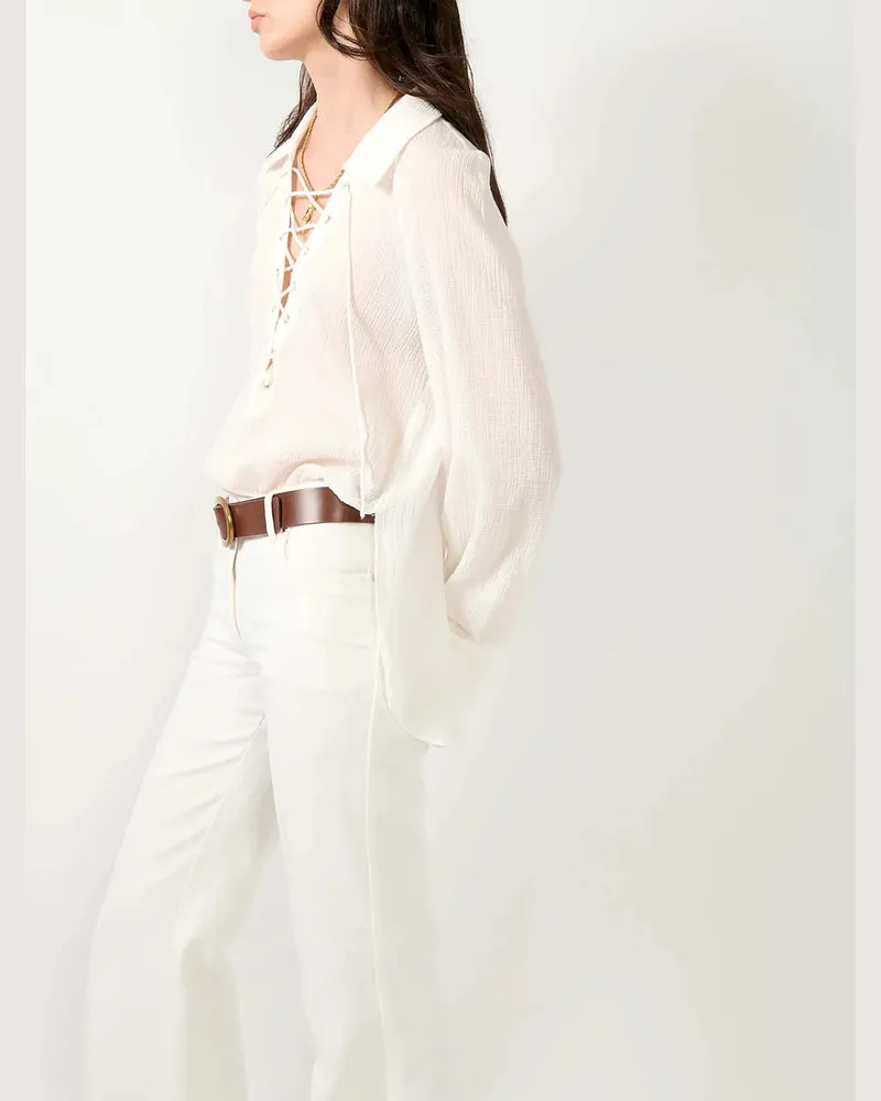 Barbara Bui Lace-Up Ribbed Blouse — Cream Cream
