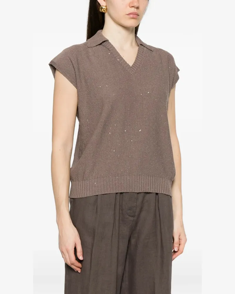 PANICALE Cashmere Women's Sequin-Embellished V-Neck Top Ss26 W Taupe