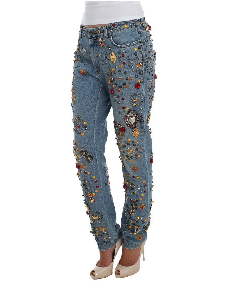Dolce & Gabbana Women's Crystal Roses Heart Embellished Jeans Blue Viscose Clothing Blue