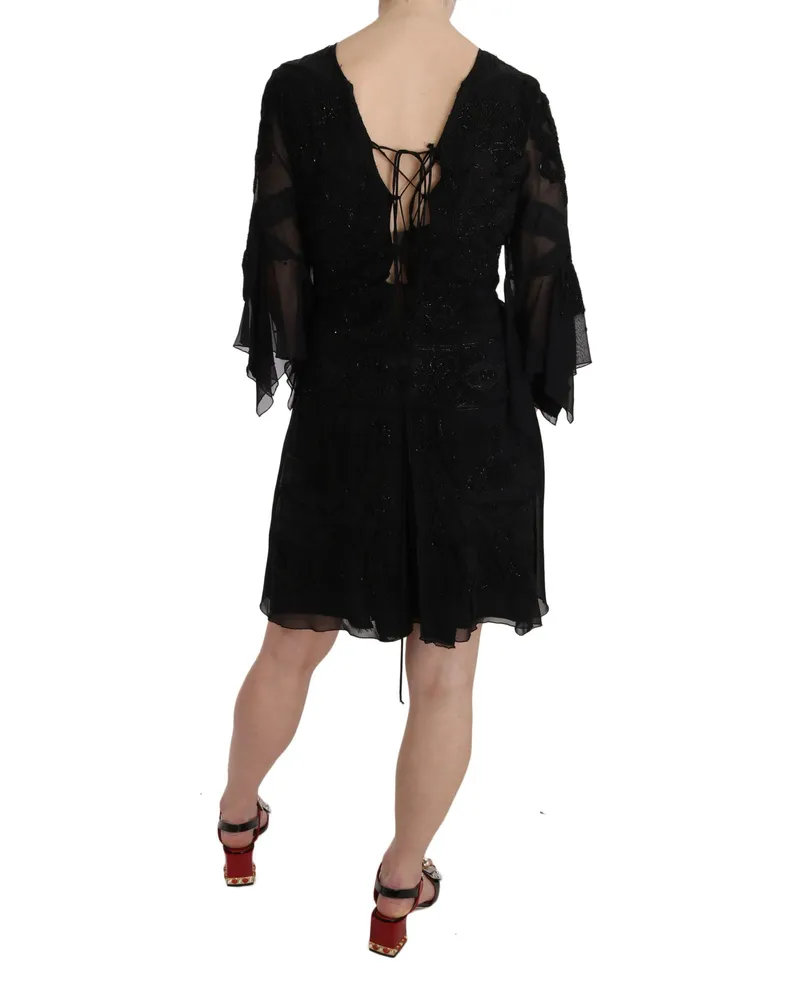 John Richmond Women's Black Sequined Silk Mini Shift Gown Clothing Black