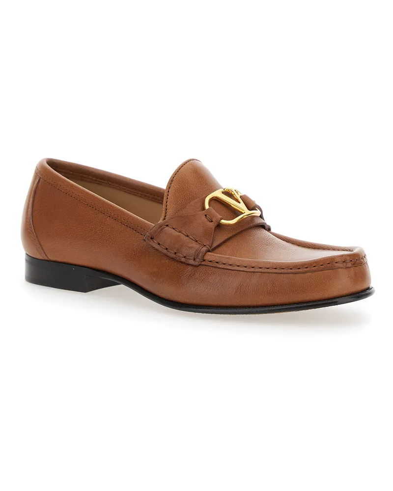 Valentino Garavani Women's Loafers Beige Leather With Vlogo Signature Brown Buffalo 